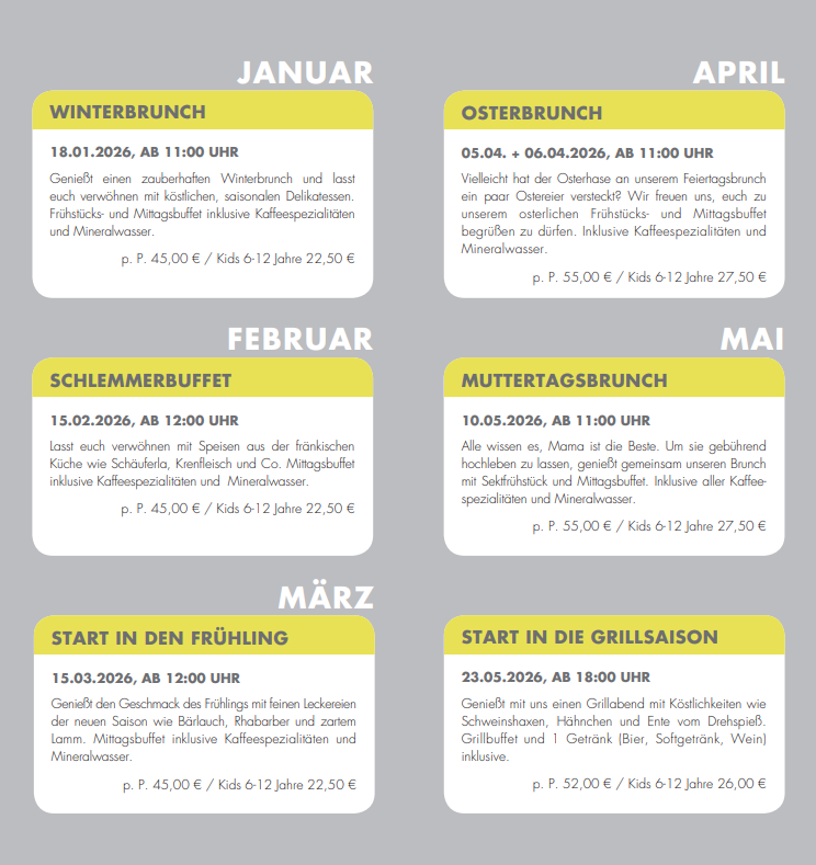 Sechs unterschiedlich farbige Infokarten mit Terminen und kurzen Texten zu Brunch Events